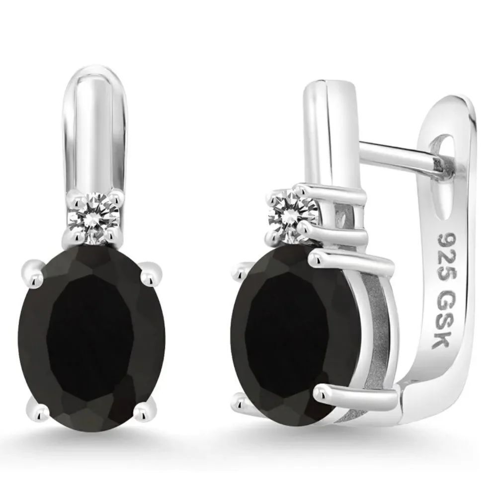 925 Sterling Silver with 3.39 Cttw Black Onyx and White Diamond Oval Earrings